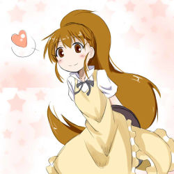 Rule 34 | 1girl, arms behind back, blush, brown eyes, brown hair, heart, long hair, lowres, no nose, sch, smile, solo, taneshima popura, very long hair, working!!
