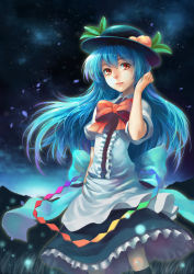 Rule 34 | 1girl, absurdres, blue hair, bow, dress, food, fruit, gradient background, hat, highres, hinanawi tenshi, layered dress, leaf, light particles, long hair, looking at viewer, night, night sky, peach, petals, red eyes, ribbon, sanwood mori, sky, smile, solo, touhou, upskirt