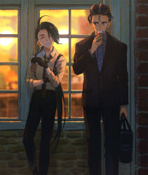 Rule 34 | 1boy, 1girl, bag, black eyes, black jacket, brick wall, closed eyes, coffee cup, collared shirt, commentary request, creatures (company), cup, disposable cup, game freak, gloves, green hair, grin, hand up, highres, holding, holding cup, jacket, larry (pokemon), long hair, necktie, nintendo, outdoors, pants, pokemon, pokemon sv, ponytail, rika (pokemon), shirt, smile, suspenders, teeth, window, zukki (suzukio)