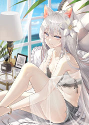 Rule 34 | 1girl, animal ear fluff, animal ears, backlighting, bra, bracelet, cat ears, cat girl, cloud, commentary, flower, grey eyes, grin, hair between eyes, hair flower, hair ornament, highres, jewelry, lace, lace-trimmed bra, lace trim, lamp, long hair, looking at viewer, ocean, okuma mai, on bed, original, plant, see-through, shawl, short shorts, shorts, silver hair, sitting, sky, smile, solo, thighs, underwear, very long hair, white bra, white flower, window