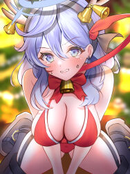 Rule 34 | 1girl, ako (blue archive), alternate costume, anger vein, bad id, bad pixiv id, bare shoulders, bell, black footwear, blue archive, blue eyes, blue hair, blurry, blurry background, blush, boots, bow, bowtie, breasts, cleavage, clenched teeth, fake antlers, garter straps, hair between eyes, hairband, halo, highres, kneeling, large breasts, leotard, long hair, looking at viewer, nano (blueoekaki), neck bell, open mouth, red leotard, solo, tearing up, teeth, thigh boots, v arms