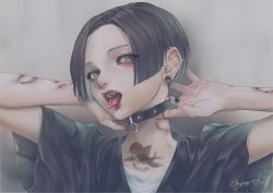 Rule 34 | 1girl, adjusting neckwear, bags under eyes, barbell piercing, bite mark, black choker, black hair, black nails, blood, blue eyes, blunt ends, bruise, choker, ear piercing, eyes visible through hair, fangs, female focus, forked tongue, head tilt, highres, injury, krd gizq, lips, looking at viewer, nail polish, neck tattoo, open mouth, original, parted hair, piercing, plug (piercing), portrait, scratches, short hair, signature, solo, tattoo, teeth, tongue, tongue out