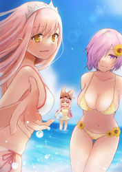 Rule 34 | 3girls, absurdres, alternate costume, arm up, armpits, arms behind back, bad id, bad pixiv id, ball, beachball, bikini, blue sky, breasts, cleavage, closed eyes, closed mouth, cloud, collarbone, commentary request, day, fate/grand order, fate (series), floral print, flower, habetrot (fate), hair between eyes, hair flower, hair ornament, hair over one eye, hat, highres, holding, holding ball, in water, karen1o27, large breasts, light purple hair, long hair, looking at viewer, mash kyrielight, medb (fate), multiple girls, navel, ocean, one-piece swimsuit, one eye covered, open mouth, outdoors, outstretched arm, pink hair, pink headwear, purple eyes, short hair, side-tie bikini bottom, size difference, sky, smile, string bikini, sunflower, sunflower hair ornament, sunlight, swimsuit, tiara, wading, water, white bikini, white one-piece swimsuit, yellow bikini, yellow eyes, yellow flower