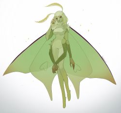 Rule 34 | 1girl, arthropod girl, bob cut, breasts, colored sclera, colored skin, extra arms, full body, green hair, green skin, grey sclera, hand up, highres, insect girl, insect wings, large breasts, looking at viewer, medium hair, monster girl, moth antennae, moth girl, moth wings, orange eyes, original, ruteko (ruko220), simple background, smile, solo, twitter username, white background, wings