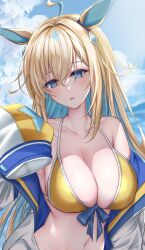 Rule 34 | 1girl, ahoge, alternate breast size, alternate costume, animal ears, bikini, blonde hair, blue eyes, blue hair, blue sky, breasts, cleavage, cloud, cloudy sky, collarbone, colored inner hair, commentary request, front-tie bikini top, front-tie top, gradient hair, hair between eyes, hair ornament, highres, horse ears, horse girl, jacket, jacket partially removed, large breasts, long hair, looking at viewer, multicolored hair, navel, neo universe (umamusume), open clothes, open jacket, outdoors, parted lips, partial commentary, sky, sleeves past fingers, sleeves past wrists, solo, streaked hair, swimsuit, uma cha (teatime), umamusume, upper body, white jacket, yellow bikini
