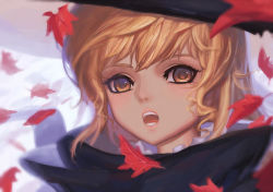 Rule 34 | 1girl, bad id, bad pixiv id, blonde hair, blurry, depth of field, eyebrows, eyelashes, hat, kirisame marisa, leaf, lips, long hair, maple leaf, nose, open mouth, pink lips, portrait, simple background, solo, sparrow (xici9527), teeth, tongue, touhou, white background, yellow eyes