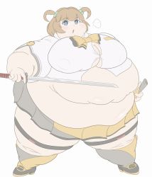 Rule 34 | 1girl, belly, blue eyes, breasts, brown hair, fat, female focus, full body, hair bobbles, hair ornament, hasebe shikiri, highres, large breasts, obese, school uniform, short hair, simple background, skirt, solo, standing, white background