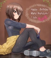 Rule 34 | 1girl, arm on knee, birthday, black pants, blue-framed eyewear, blue footwear, blue shirt, brown background, brown eyes, brown hair, casual, character name, closed mouth, clothes around waist, commentary, cross-laced footwear, dated, english text, unworn eyewear, girls und panzer, glasses, happy birthday, hitoshi suda, holding, holding removed eyewear, knee up, long sleeves, looking at viewer, nishizumi maho, no socks, pants, rectangular eyewear, shirt, shoes, short hair, sitting, smile, solo, tile floor, tiles