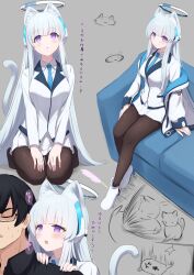 Rule 34 | 1boy, 1girl, afrody, animal ears, black pantyhose, black skirt, blue archive, blue necktie, blush, breasts, cat ears, cat tail, closed mouth, collared shirt, grey hair, halo, highres, jacket, large breasts, long hair, long sleeves, mechanical halo, necktie, noa (blue archive), open mouth, pantyhose, parted lips, pleated skirt, purple eyes, sensei (blue archive), shirt, sitting, skirt, smile, tail, white jacket, white shirt