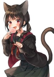 Rule 34 | 1girl, :d, animal ears, black hair, black jacket, black sailor collar, black serafuku, black shirt, black skirt, blush, candy, cat ears, cat girl, cat tail, cowboy shot, fang, food, holding, holding food, hood, hooded jacket, jacket, leaning forward, lollipop, long hair, long sleeves, low twintails, medium skirt, midorikawa you, neckerchief, open clothes, open jacket, open mouth, original, paw pose, red eyes, red neckerchief, sailor collar, school uniform, serafuku, shirt, sidelocks, simple background, skin fang, skirt, smile, solo, tail, twintails, v-shaped eyebrows, white background