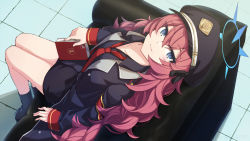 Rule 34 | 1girl, armband, black ribbon, black shirt, blue archive, blue eyes, book, boots, collarbone, couch, from above, hat, highres, hiraba 6018, iroha (blue archive), jacket, long hair, looking up, military, military hat, military jacket, military uniform, necktie, red hair, red necktie, ribbon, safety pin, shirt, solo, thighs, uniform