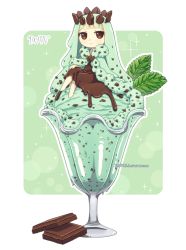Rule 34 | 1girl, artist name, barefoot, brown dress, brown eyes, chibi, chocolate, cloak, closed mouth, crossed legs, crown, dav-19, dress, food, food-themed clothes, fur-trimmed cloak, fur trim, glass, green cloak, green hair, ice cream, in food, lace background, leaf, long hair, melting, mint, original, personification, sitting, smile, solo, transparent background, very long hair, watermark, web address