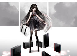 Rule 34 | 1girl, bare arms, bare shoulders, black choker, black dress, black footwear, black gloves, black hair, black pantyhose, breasts, brown eyes, choker, closed mouth, collared dress, commentary request, dress, eyepatch, full body, gloves, gradient hair, grey hair, half gloves, highres, holding, juexing (moemoe3345), long hair, multicolored hair, original, pantyhose, pleated dress, shoes, sleeveless, sleeveless dress, small breasts, solo, standing, suitcase, very long hair