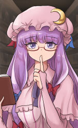 Rule 34 | 1girl, bespectacled, blunt bangs, book, bow, breasts, bridal gauntlets, bun cover, crescent, crescent hair ornament, crescent hat ornament, crescent pin, double bun, dress, finger to mouth, glasses, hair bow, hair bun, hair ornament, hat, hat ornament, highres, index finger raised, large breasts, library, long hair, long sleeves, looking at viewer, mob cap, namiki (remiter00), patchouli knowledge, purple dress, purple eyes, purple hair, purple hat, red-framed eyewear, ribbon, robe, semi-rimless eyewear, shushing, solo, striped clothes, striped dress, touhou, under-rim eyewear, vertical-striped clothes, vertical-striped dress, very long hair
