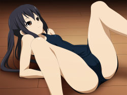 Rule 34 | 1girl, bare shoulders, black hair, breasts, brown eyes, cameltoe, highres, hip focus, k-on!, legs, long hair, looking up, minarui, nakano azusa, shadow, solo, spread legs, swimsuit, thighs, twintails, wooden floor