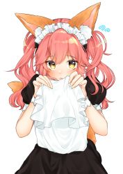 Rule 34 | 1girl, alternate costume, animal ear fluff, animal ears, blush, closed mouth, enmaided, etto eat, fate/grand order, fate (series), flying sweatdrops, fox ears, highres, long hair, looking at viewer, maid, pink hair, puffy short sleeves, puffy sleeves, short sleeves, solo, tamamo (fate), tamamo no mae (fate/extra), twintails, upper body, yellow eyes