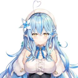 Rule 34 | 1girl, ahoge, bare shoulders, blue bow, blue bowtie, blue hair, blue ribbon, blush, bow, bowtie, braid, breasts, cleavage, closed mouth, flower, hair between eyes, hair flower, hair ornament, half updo, hat, heart, heart ahoge, highres, hololive, large breasts, light smile, long hair, looking at viewer, neck ribbon, official art, pointy ears, ribbon, rin yuu, second-party source, smile, solo, straight-on, transparent background, upper body, virtual youtuber, white background, white hat, yellow eyes, yukihana lamy