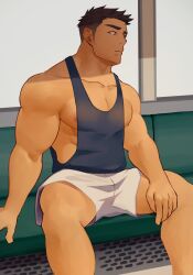 Rule 34 | 1boy, baggy clothes, bara, bare arms, black tank top, brown hair, feet out of frame, head tilt, hidora art, highres, large pectorals, long sideburns, looking to the side, male focus, mature male, muscular, muscular male, nipples, original, pectoral cleavage, pectorals, short hair, short shorts, shorts, sideburns, sidepec, sitting, solo, spread legs, tank top, thick eyebrows, train interior, undercut, white shorts