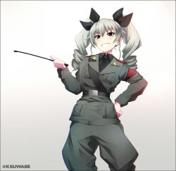 Rule 34 | 10s, 1girl, anchovy (girls und panzer), armband, bandolier, belt, black shirt, brown eyes, commentary request, dress shirt, drill hair, epaulettes, fatigues, girls und panzer, green hair, grey jacket, grey pants, grin, hair between eyes, hair ribbon, hand on own hip, jacket, jodhpurs, k-suwabe, long sleeves, military, military uniform, necktie, pants, ribbon, riding crop, shirt, smile, solo, twin drills, twintails, twitter username, uniform