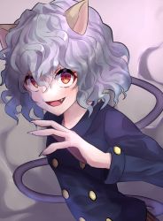 Rule 34 | 1other, :d, animal ears, black jacket, cat ears, cat tail, commentary request, fang, fingernails, grey hair, hair between eyes, happy, highres, hunter x hunter, jacket, long sleeves, looking at viewer, neferpitou, open mouth, other focus, red eyes, sharp fingernails, smile, solo, tail, takmi, upper body, wavy hair