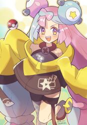 Rule 34 | 1girl, :d, blush, boots, character hair ornament, commentary request, creatures (company), dated, game freak, green hair, grey footwear, grey pantyhose, grey shirt, hair ornament, happy, highres, iono (pokemon), jacket, leg up, looking at viewer, nintendo, open mouth, orange (orangelv20), pantyhose, pink hair, poke ball, poke ball (basic), pokemon, pokemon sv, purple eyes, sharp teeth, shirt, signature, single leg pantyhose, sleeveless, sleeveless shirt, smile, solo, star (symbol), star print, teeth, thigh strap, upper teeth only, yellow jacket