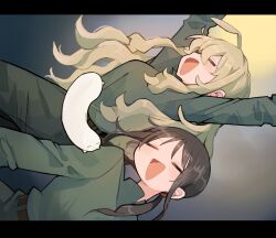 Rule 34 | 2girls, ahoge, arm at side, arms up, belt, black background, black hair, blonde hair, blush, breasts, brown belt, chito (shoujo shuumatsu ryokou), closed eyes, cowboy shot, creature, floating hair, gradient background, green jumpsuit, high collar, highres, jumpsuit, large breasts, letterboxed, long hair, long sleeves, low twintails, multiple girls, nuko (shoujo shuumatsu ryokou), open mouth, shoujo shuumatsu ryokou, sideways, smile, taipe pepe, twintails, wavy hair, yellow background, yuuri (shoujo shuumatsu ryokou)