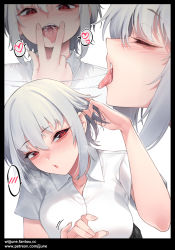 Rule 34 | 1girl, blush, breasts, commentary, cunnilingus gesture, closed eyes, fanbox username, hair between eyes, heart, highres, jjune, large breasts, multiple views, open mouth, original, parted lips, patreon username, red eyes, saliva, saliva trail, shirt, short hair, short sleeves, solo, spoken blush, spoken heart, symbol-only commentary, tongue, tongue out, white hair, white shirt