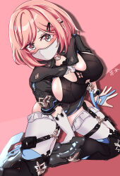 Rule 34 | 1girl, absurdres, black footwear, bob cut, boots, breasts, cleavage, earrings, gloves, grey eyes, highres, honkai (series), honkai impact 3rd, ice skates, jewelry, kiiyodex, large breasts, looking at viewer, mask, mouth mask, pink background, pink hair, short hair, short sleeves, single glove, skates, solo, thigh boots, timido cute, white gloves