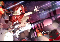 Rule 34 | 1girl, black thighhighs, copyright name, dutch angle, fang, holding, letterboxed, open mouth, outstretched arm, pixiv fantasia, pixiv fantasia t, red eyes, red hair, saru, short hair, thighhighs, torn clothes, torn legwear, twintails