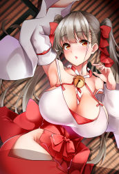 Rule 34 | 1girl, alternate costume, azur lane, bare shoulders, blush, breasts, cleavage, detached sleeves, formidable (azur lane), hakama, hakama skirt, highres, hip vent, japanese clothes, large breasts, long hair, looking at viewer, lying, miko, no panties, on back, orange eyes, platinum blonde hair, red hakama, sezok, skirt, solo, twintails, white sleeves, wide sleeves