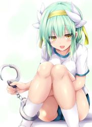 Rule 34 | 1girl, :d, alternate costume, blush, breasts, buruma, commentary request, cuffs, fate/grand order, fate (series), foreshortening, green hair, gym uniform, hairband, handcuffs, holding, horns, hugging own legs, kiyohime (fate), kneehighs, knees together feet apart, long hair, looking at viewer, medium breasts, open mouth, sen (astronomy), shirt, short sleeves, sidelocks, sitting, smile, socks, solo, thighs, very long hair, white shirt, white socks, yellow eyes, yellow hairband