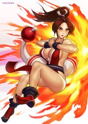 Rule 34 | 1girl, breasts, fatal fury, fire, hybridmink, large breasts, ponytail, shiranui mai, solo