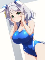 Rule 34 | 1girl, :o, alternate costume, animal ears, aqua eyes, backless swimsuit, blue one-piece swimsuit, bow, breasts, chestnut mouth, cleavage, collarbone, competition swimsuit, covered navel, cowboy shot, dutch angle, ear covers, ear ornament, ear ribbon, ears down, from side, grey hair, groin, hands on own cheeks, hands on own face, hands up, highleg, highleg swimsuit, highres, hishi miracle (umamusume), horse ears, horse girl, horse tail, large breasts, light blush, looking at viewer, medium hair, one-piece swimsuit, parted lips, pataneet, ribbon, simple background, solo, standing, swimsuit, tail, umamusume, wavy hair, white background, yellow ribbon