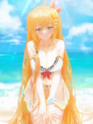 Rule 34 | 1girl, ahoge, beach, blurry, blurry background, breasts, cleavage, day, flower, hair flower, hair ornament, hands on own legs, highres, large breasts, long hair, looking at viewer, orange hair, outdoors, pecorine (princess connect!), pecorine (summer) (princess connect!), princess connect!, scrunchie, smile, solo, sonchi, standing, swimsuit, very long hair, water, wrist scrunchie