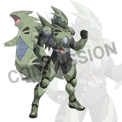 Rule 34 | armor, armored boots, belt, black bodysuit, blue eyes, bodysuit, bodysuit under clothes, boots, breastplate, clenched hands, commission, creatures (company), english text, game freak, gen 2 pokemon, green armor, green footwear, green headwear, hand up, helmet, kamen rider, knee pads, nintendo, official art inset, outline, personification, poke ball, poke ball (basic), pokemon, pokemon (creature), shoulder armor, to ze, tyranitar, vambraces, watermark, white background, white outline, zoom layer