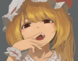 Rule 34 | 1girl, alternate eye color, alternate legwear, blonde hair, blush, brown eyes, collarbone, eyelashes, fang, flandre scarlet, hair over shoulder, half-closed eyes, hand to own mouth, hand up, hat, hat ribbon, highres, lips, looking at viewer, mob cap, mouth pull, one side up, open mouth, portrait, red ribbon, ribbon, saliva, saliva trail, short hair with long locks, side ponytail, simple background, solo, teeth, touhou, upper teeth only, vampire, white hat, wrist cuffs, xii yashizhongzhan