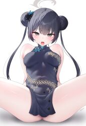 Rule 34 | 1girl, arms behind back, artist name, bare shoulders, black dress, black hair, blue archive, blush, butterfly hair ornament, china dress, chinese clothes, double bun, dragon print, dress, grey eyes, gweda, hair bun, hair ornament, halo, highres, kisaki (blue archive), long hair, looking at viewer, open mouth, pelvic curtain, print dress, short dress, simple background, sitting, sleeveless, sleeveless dress, solo, spread legs, thighs, twintails, white background