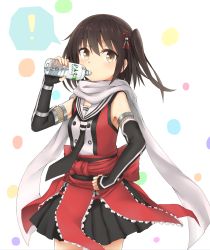 Rule 34 | !, 10s, 1girl, azuhira, blush, bottle, breasts, brown eyes, brown hair, cowboy shot, drinking, elbow gloves, gloves, hair ornament, hand on own hip, kantai collection, looking at viewer, polka dot, polka dot background, scarf, school uniform, sendai (kancolle), sendai kai ni (kancolle), serafuku, short hair, skirt, small breasts, solo, spoken exclamation mark, two side up, water bottle, white background