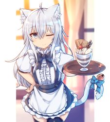 Rule 34 | 1girl, ;), ahoge, alternate costume, animal ears, apron, bad id, bad pixiv id, bell, black bow, black bowtie, black skirt, black thighhighs, blonde hair, blue bow, blurry, blurry background, bow, bowtie, cat ears, cat girl, cat tail, center frills, closed mouth, commentary request, curtains, depth of field, enmaided, frills, hair between eyes, hand on own hip, hibiki (kancolle), holding, holding tray, jingle bell, kantai collection, kemonomimi mode, long hair, looking at viewer, maid, one eye closed, parfait, puffy short sleeves, puffy sleeves, shinopoko, shirt, short sleeves, silver hair, skirt, smile, solo, suspender skirt, suspenders, tail, tail bell, tail bow, tail ornament, thighhighs, tray, very long hair, waist apron, white apron, white shirt, window