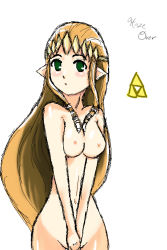 Rule 34 | 1girl, artist request, blush, breasts squeezed together, breasts, brown hair, collarbone, green eyes, long hair, looking at viewer, medium breasts, navel, nintendo, nipples, nude, open mouth, pointy ears, princess zelda, standing, the legend of zelda, tiara, triforce, white background