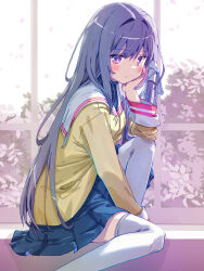 Rule 34 | 1girl, akayama yukihe, arm between legs, arm rest, blue sky, blush, breasts, buttons, clannad, commentary request, cowboy shot, day, frown, fujibayashi kyou, hand on own face, highres, jacket, knee up, long hair, looking at viewer, one side up, pleated skirt, purple eyes, purple hair, sailor collar, school uniform, sitting, skirt, sky, small breasts, solo, sunlight, thighhighs, very long hair, white sailor collar, white thighhighs, window, yellow jacket