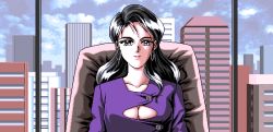 Rule 34 | 1990s (style), 1girl, 4bpp, akiko gold, aliasing, black hair, breasts, building, cleavage cutout, clothing cutout, cloud, day, earrings, facing viewer, fixer j, game cg, indoors, jewelry, light smile, long hair, looking at viewer, medium breasts, pc98, retro artstyle, sitting, sky, smile, solo, tagme, upper body, window, yamamoto masafumi