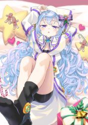 Rule 34 | 10s, 1boy, :o, arms up, blue hair, bow, box, candy, chestnut mouth, food, full body, gift, gift box, glint, hacka doll, hacka doll 3, hair bow, half-closed eyes, heart, kuroi nyan, legs up, long hair, lying, male focus, on back, open mouth, pillow, purple eyes, shorts, skin tight, socks, solo, sweets, trap, very long hair