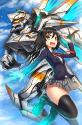 Rule 34 | 1girl, :d, ad, black thighhighs, blazer, blue sky, brown eyes, brown footwear, claws, collared shirt, day, gia, gloves, glowing, grey skirt, hair between eyes, hair ornament, hairclip, hekikuu no strive, jacket, long sleeves, looking at viewer, mecha, necktie, open mouth, original, pleated skirt, red necktie, robot, school uniform, shirt, shoes, short hair, single glove, skirt, sky, smile, thighhighs, thighs, transformation, white gloves, white shirt, wings, zettai ryouiki
