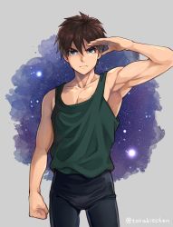Rule 34 | 1boy, armpits, blue eyes, brown hair, clenched hand, collarbone, gundam, gundam wing, heero yuy, looking at viewer, male focus, muscular, muscular male, pectoral cleavage, pectorals, salute, short hair, sky, star (sky), starry sky, tank top, torakichi (ebitendon), watercolor background