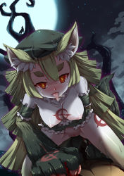 Rule 34 | 10s, 1boy, 1girl, animal ears, blood, bottomless, breasts, claws, eyebrows, full moon, gen&#039;ei wo kakeru taiyou, girl on top, green hair, hat, hetero, highres, long hair, looking at viewer, medium breasts, monster, monster girl, moon, nipples, penis, pov, pussy, red eyes, sex, short eyebrows, sirills, tail, tattoo, thick eyebrows, tongue, tongue out, tsukuyomi luna, uncensored, vaginal, wolf
