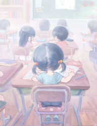 Rule 34 | 1boy, 3others, 4girls, absurdres, arikomen, black hair, black skirt, blue shirt, book, chair, chalkboard, child, classroom, commentary, desk, eraser, facing away, from behind, hair ornament, half updo, highres, indoors, long hair, multiple girls, multiple others, open book, original, pale color, parted hair, pencil, pencil case, pink shirt, school chair, school desk, shirt, shoes, short hair, short sleeves, short twintails, sitting, skirt, twintails, uwabaki, white skirt
