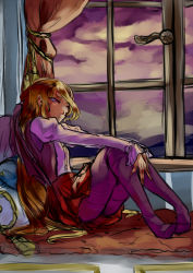 Rule 34 | 1girl, bat wings, bell sleeves, bow, cloud, cloudy sky, curtains, cushion, dilaih, earrings, elis (touhou), frilled sleeves, frills, from side, hair bow, hair flowing over, hair spread out, hands on own knees, indoors, jewelry, juliet sleeves, latch, legs, long hair, long sleeves, looking outside, makai (touhou), no shoes, pillow, puffy sleeves, purple thighhighs, reclining, red bow, red skirt, ruffled cuffs, shirt, sitting, skirt, sky, solo, star (symbol), stud earrings, tassel, tattoo, thighhighs, thighs, touhou, touhou (pc-98), very long hair, vest, white shirt, window, wings