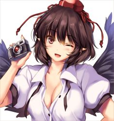 Rule 34 | 1girl, ;d, black ribbon, black wings, blush, breasts, brown eyes, brown hair, camera, cleavage, collarbone, commentary request, feathered wings, hair between eyes, hand on own hip, hand up, hat, head tilt, holding, holding camera, large breasts, looking at viewer, monety, nail polish, neck ribbon, one eye closed, open mouth, pointy ears, puffy short sleeves, puffy sleeves, red nails, ribbon, shameimaru aya, short sleeves, simple background, smile, solo, tassel, tokin hat, touhou, upper body, white background, wings