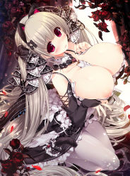Rule 34 | 1girl, ahoge, animal ears, azur lane, black nails, blunt bangs, blush, bow, breasts, breasts out, cat ears, cat tail, collarbone, detached collar, detached sleeves, dress, fake animal ears, fake tail, flower, formidable (azur lane), furrowed brow, hair bow, hair ribbon, high heels, highres, large breasts, long hair, nail polish, nipples, no bra, oshiki hitoshi, pantyhose, parted lips, petals, red eyes, ribbon, rose, silver hair, solo, tail, twintails, very long hair, white pantyhose